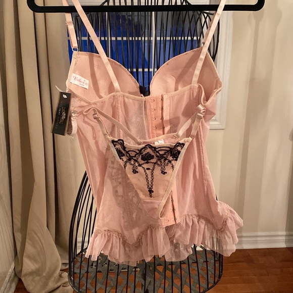 NWT Brand new, never tried on. Blushy pink and black bustier corset with thong. - Picture 2 of 5